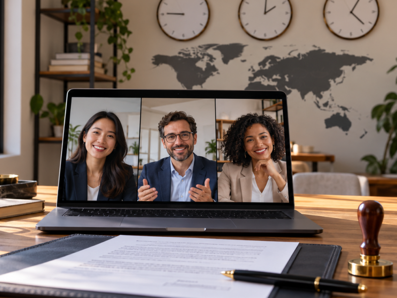 Distributed team coordinating a remote notarization schedule on several screens
