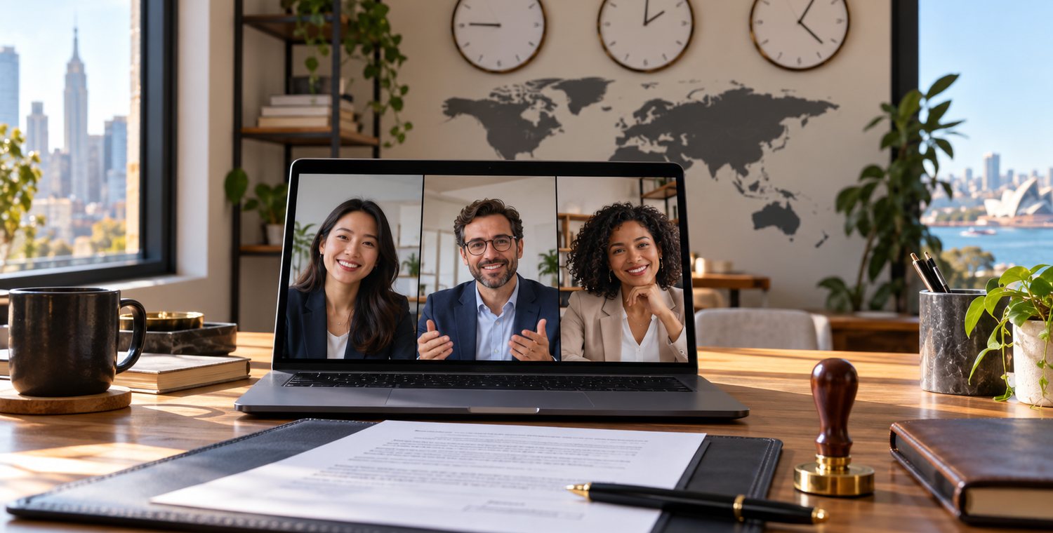 Distributed team coordinating a remote notarization schedule on several screens